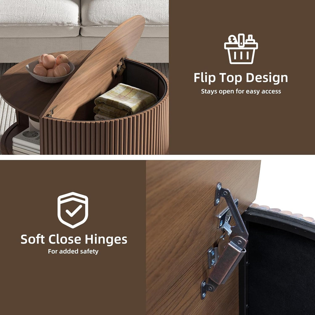 Round Coffee Table with Storage,Mid Century Modern Coffee Table with Sliding Cabinet Door,Coffee Table for Living Room,31.5" Small Center Table,Walnut - Grand Goldman