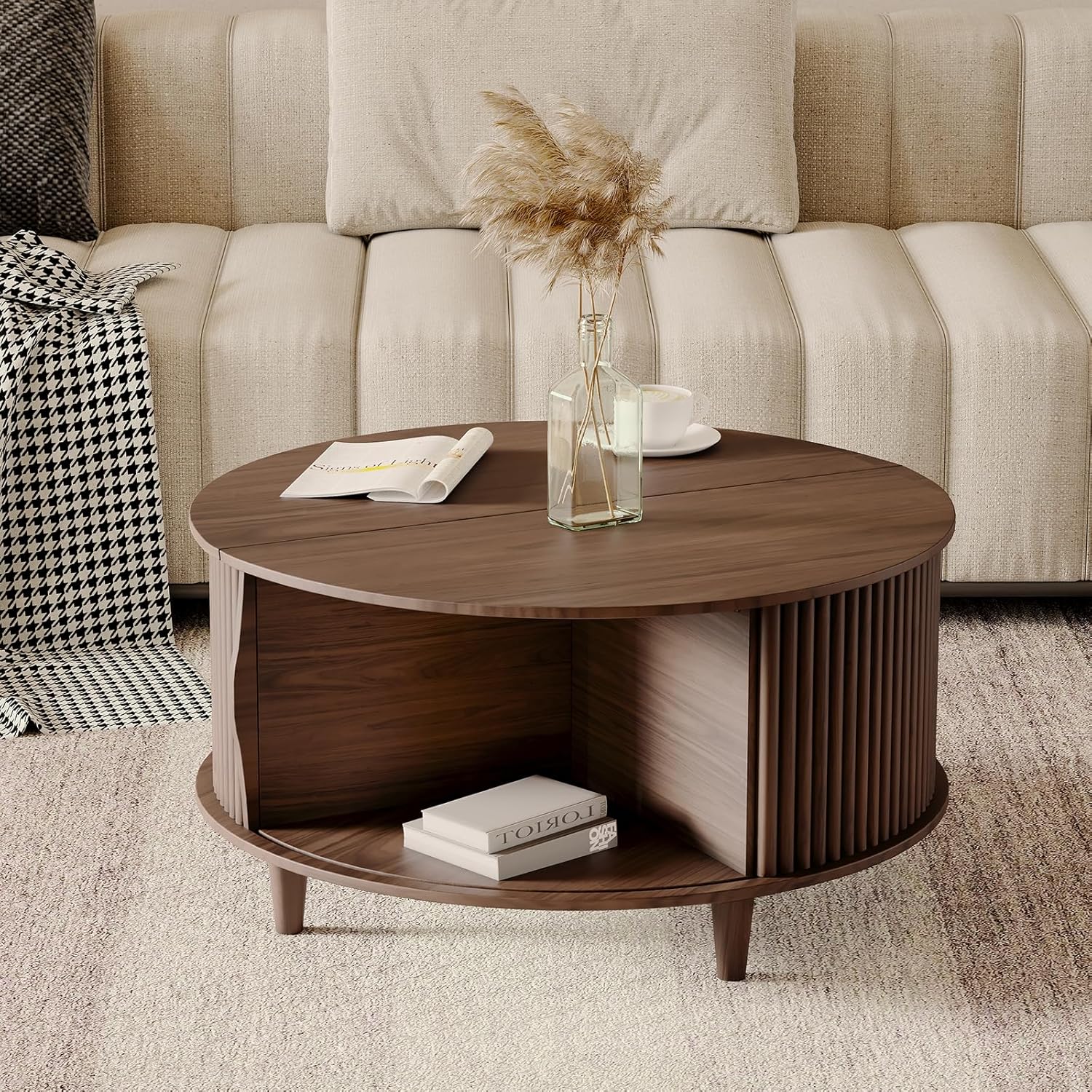 Round Coffee Table with Storage,Mid Century Modern Coffee Table with Sliding Cabinet Door,Coffee Table for Living Room,31.5" Small Center Table,Walnut - Grand Goldman