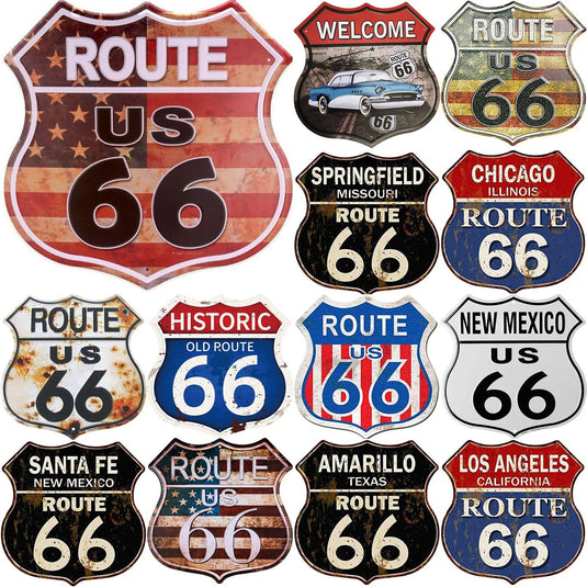 Route 66 USA Flags Shield Metal Tin Signs Posters Plate Wall Decor for Garage Bars Man Cave Cafe Clubs Home Retro Posters Plaque - Grand Goldman