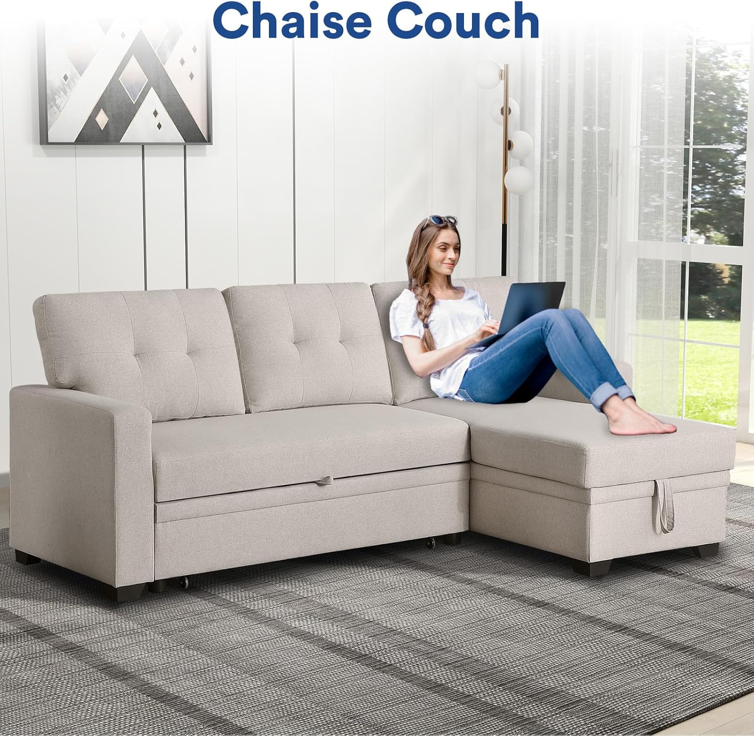 Rovibek 4-in-1 Convertible L Shaped Couch with Pull Out Bed and Storage, Sectional Sleeper Sofa with Reversible Chaise for Living Room, Apartment, Bedroom, Office - Grand Goldman