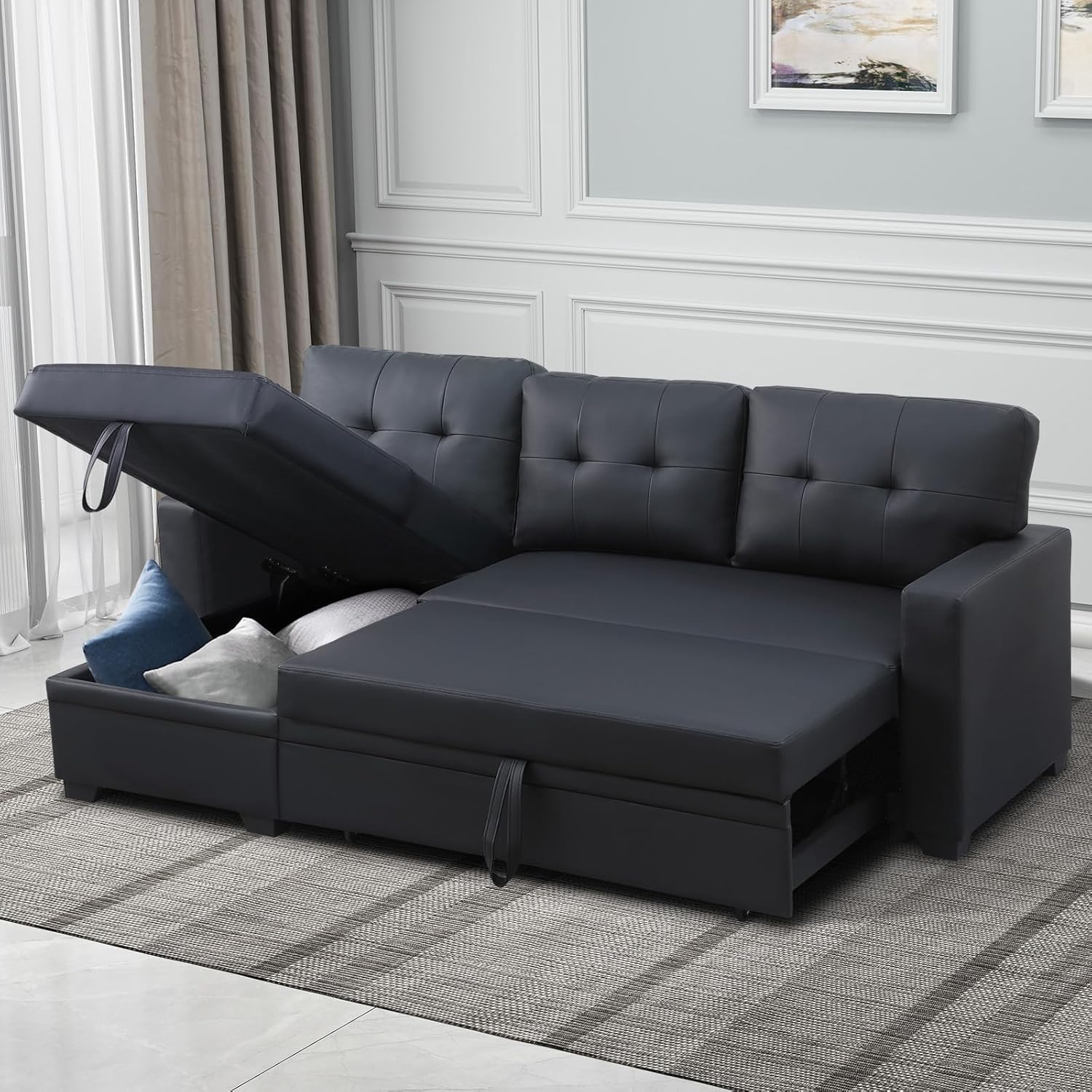 Rovibek 4-in-1 Convertible L Shaped Couch with Pull Out Bed and Storage, Sectional Sleeper Sofa with Reversible Chaise for Living Room, Apartment, Bedroom, Office - Grand Goldman