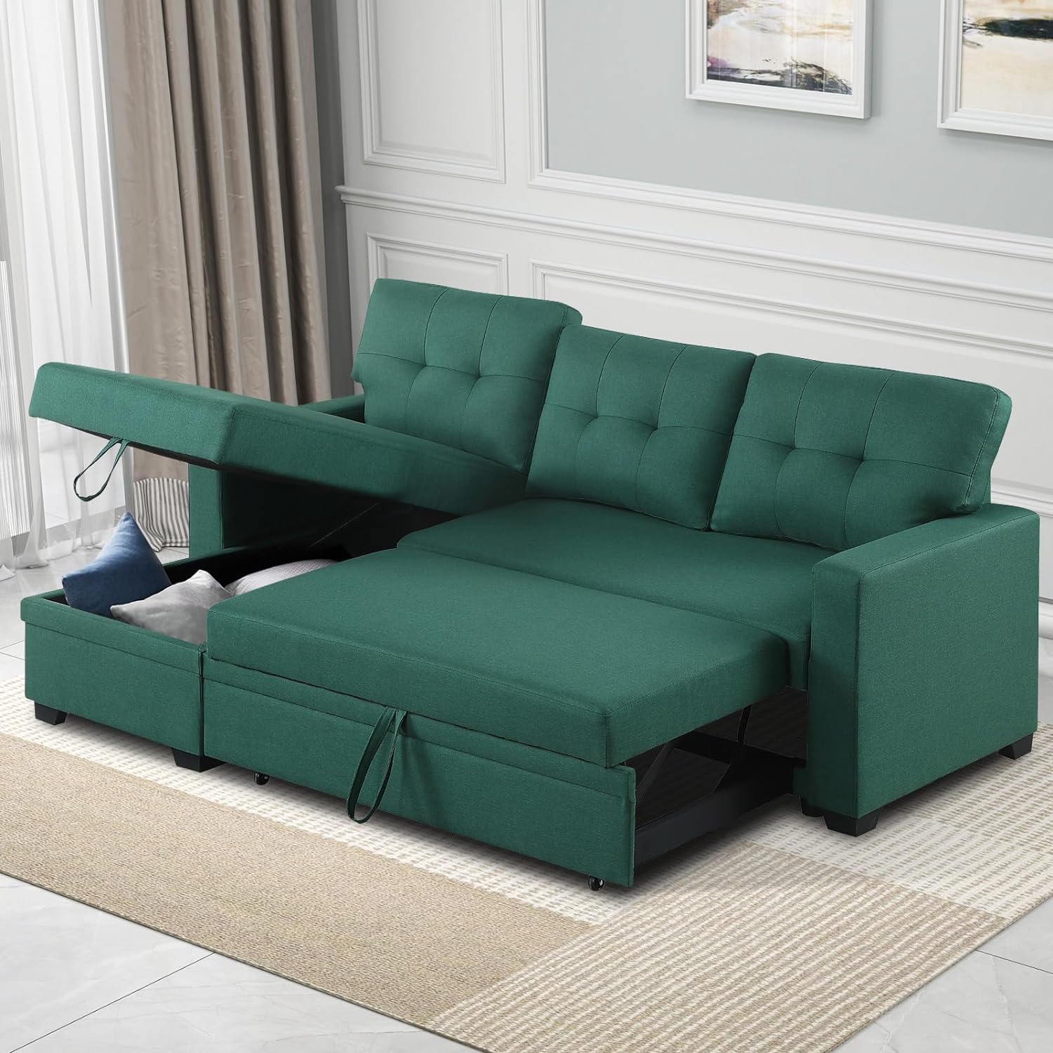 Rovibek 4-in-1 Convertible L Shaped Couch with Pull Out Bed and Storage, Sectional Sleeper Sofa with Reversible Chaise for Living Room, Apartment, Bedroom, Office - Grand Goldman