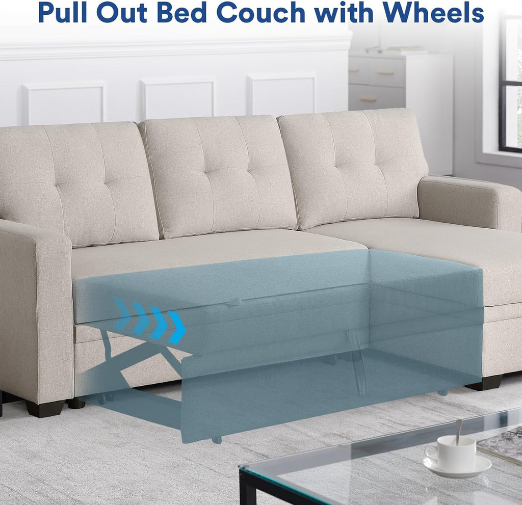 Rovibek 4-in-1 Convertible L Shaped Couch with Pull Out Bed and Storage, Sectional Sleeper Sofa with Reversible Chaise for Living Room, Apartment, Bedroom, Office - Grand Goldman