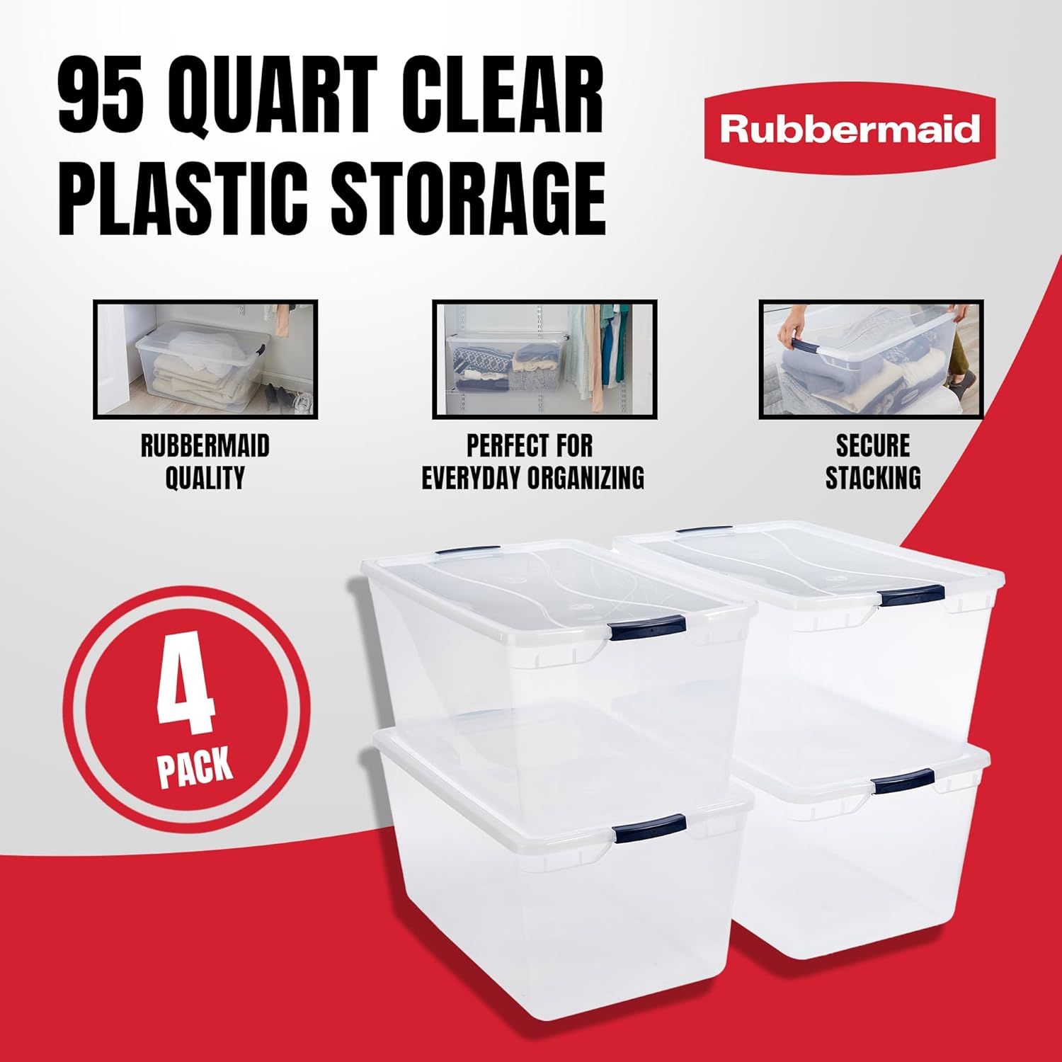 Rubbermaid Cleverstore 95 Qt Clear Storage Bins with Latching Lids, 4-Pack, Stackable, BPA-Free, Made in USA - Grand Goldman