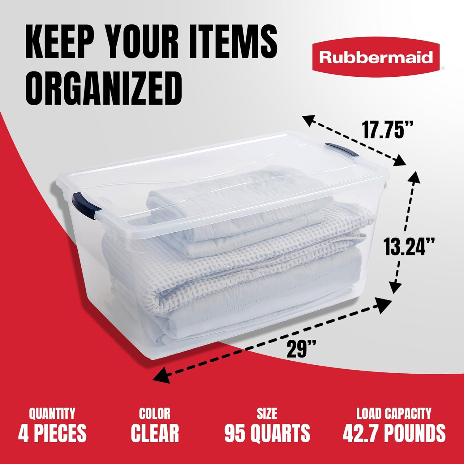 Rubbermaid Cleverstore 95 Qt Clear Storage Bins with Latching Lids, 4-Pack, Stackable, BPA-Free, Made in USA - Grand Goldman