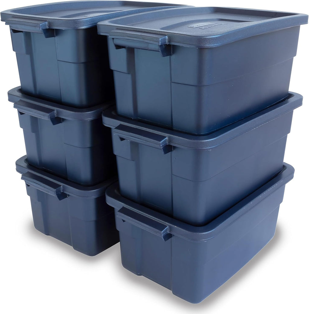 Rubbermaid Roughneck 18 Gallon Rugged Stackable Storage Tote with Lid and Handles for Home Usage, Dark Indigo Metallic, 6 Pack - Grand Goldman