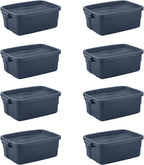 Rubbermaid Roughneck 18 Gallon Rugged Stackable Storage Tote with Lid and Handles for Home Usage, Dark Indigo Metallic, 6 Pack - Grand Goldman