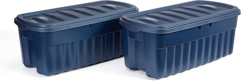 Rubbermaid Roughneck 18 Gallon Rugged Stackable Storage Tote with Lid and Handles for Home Usage, Dark Indigo Metallic, 6 Pack - Grand Goldman
