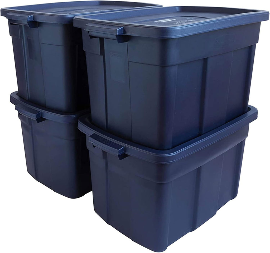 Rubbermaid Roughneck 18 Gallon Rugged Stackable Storage Tote with Lid and Handles for Home Usage, Dark Indigo Metallic, 6 Pack - Grand Goldman