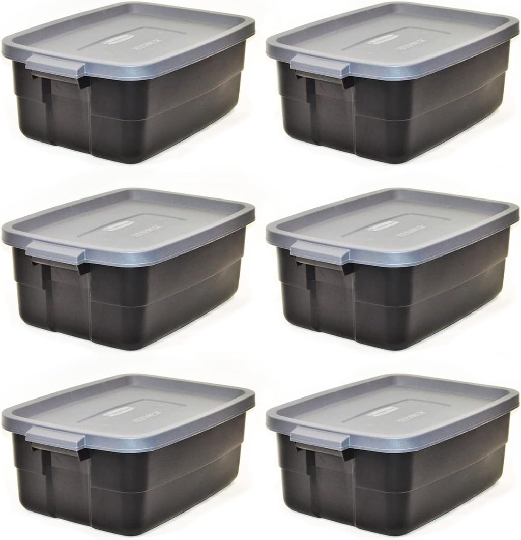 Rubbermaid Roughneck 18 Gallon Rugged Stackable Storage Tote with Lid and Handles for Home Usage, Dark Indigo Metallic, 6 Pack - Grand Goldman