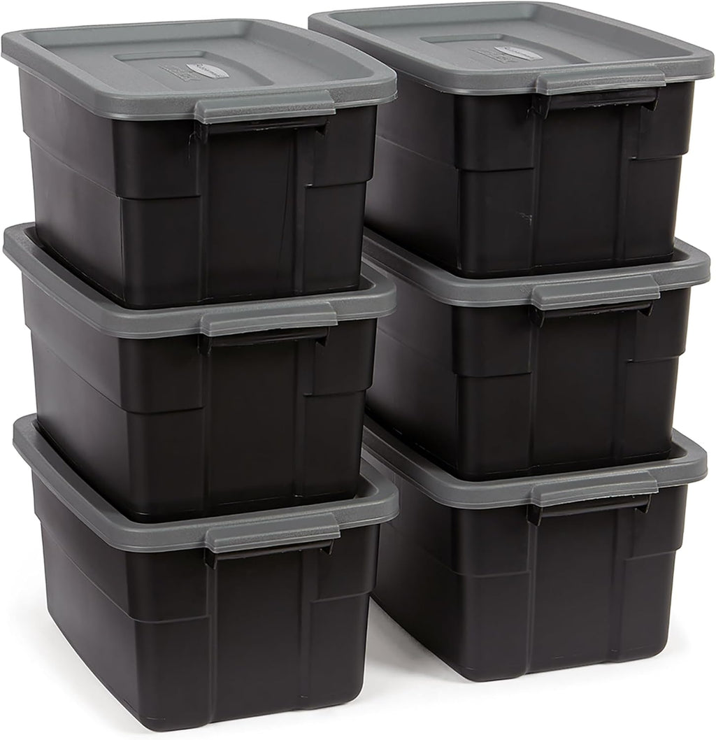 Rubbermaid Roughneck 18 Gallon Rugged Stackable Storage Tote with Lid and Handles for Home Usage, Dark Indigo Metallic, 6 Pack - Grand Goldman