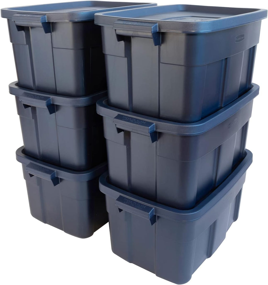 Rubbermaid Roughneck 18 Gallon Rugged Stackable Storage Tote with Lid and Handles for Home Usage, Dark Indigo Metallic, 6 Pack - Grand Goldman