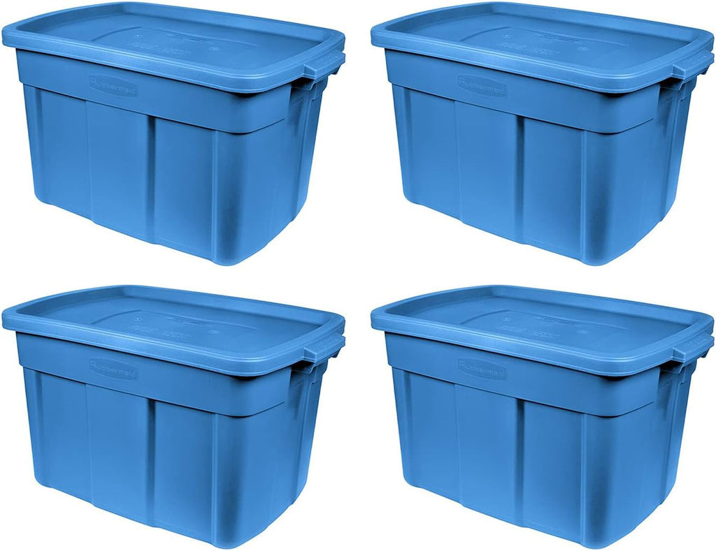 Rubbermaid Roughneck 18 Gallon Rugged Stackable Storage Tote with Lid and Handles for Home Usage, Dark Indigo Metallic, 6 Pack - Grand Goldman