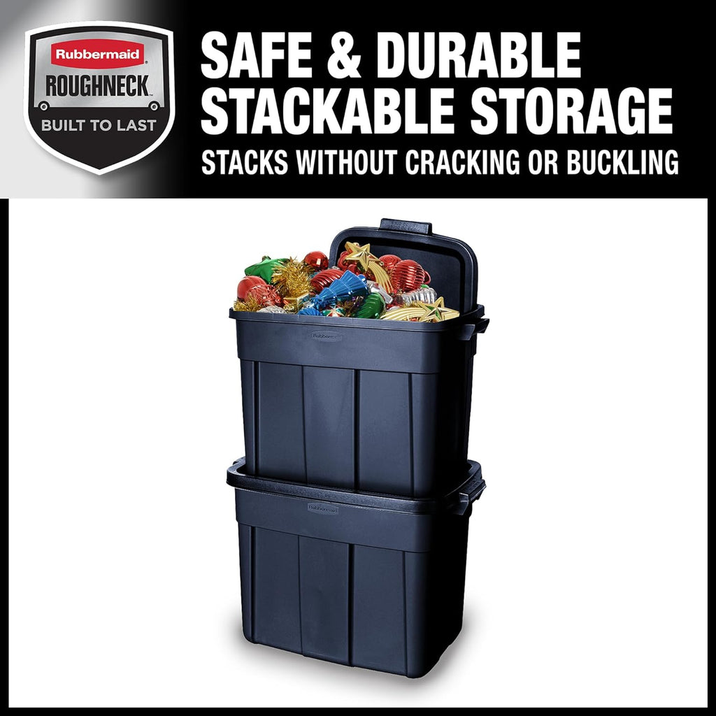 Rubbermaid Roughneck 18 Gallon Rugged Stackable Storage Tote with Lid and Handles for Home Usage, Dark Indigo Metallic, 6 Pack - Grand Goldman