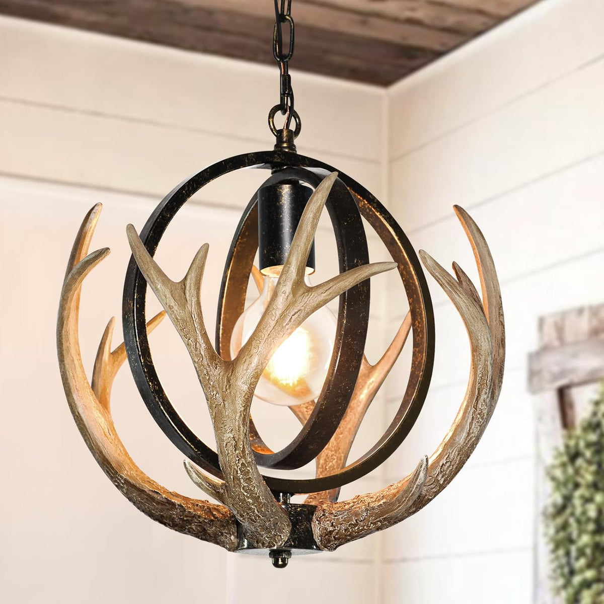 Rustic Antler Chandelier, 14" Farmhouse Chandelier with Resin 4 Antlers and Retro Metal Globe Chandelier Vintage Style for Dining Room, Kitchen, Hallway, Pendant Lights - Grand Goldman