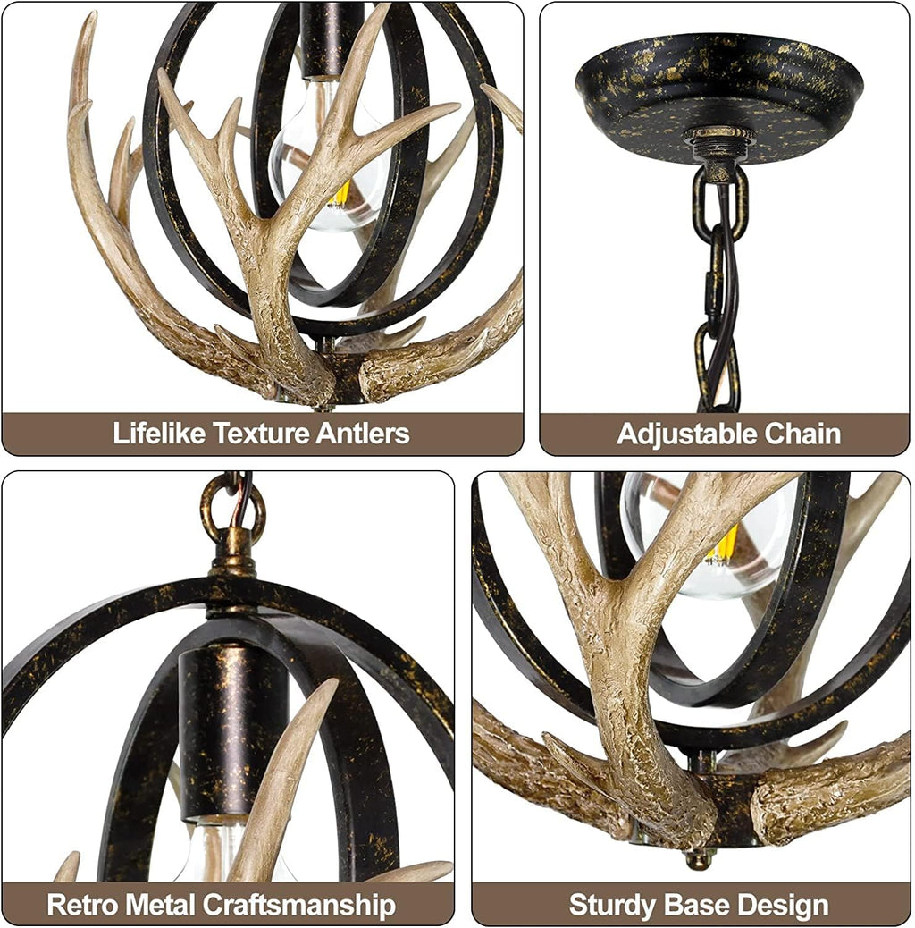 Rustic Antler Chandelier, 14" Farmhouse Chandelier with Resin 4 Antlers and Retro Metal Globe Chandelier Vintage Style for Dining Room, Kitchen, Hallway, Pendant Lights - Grand Goldman
