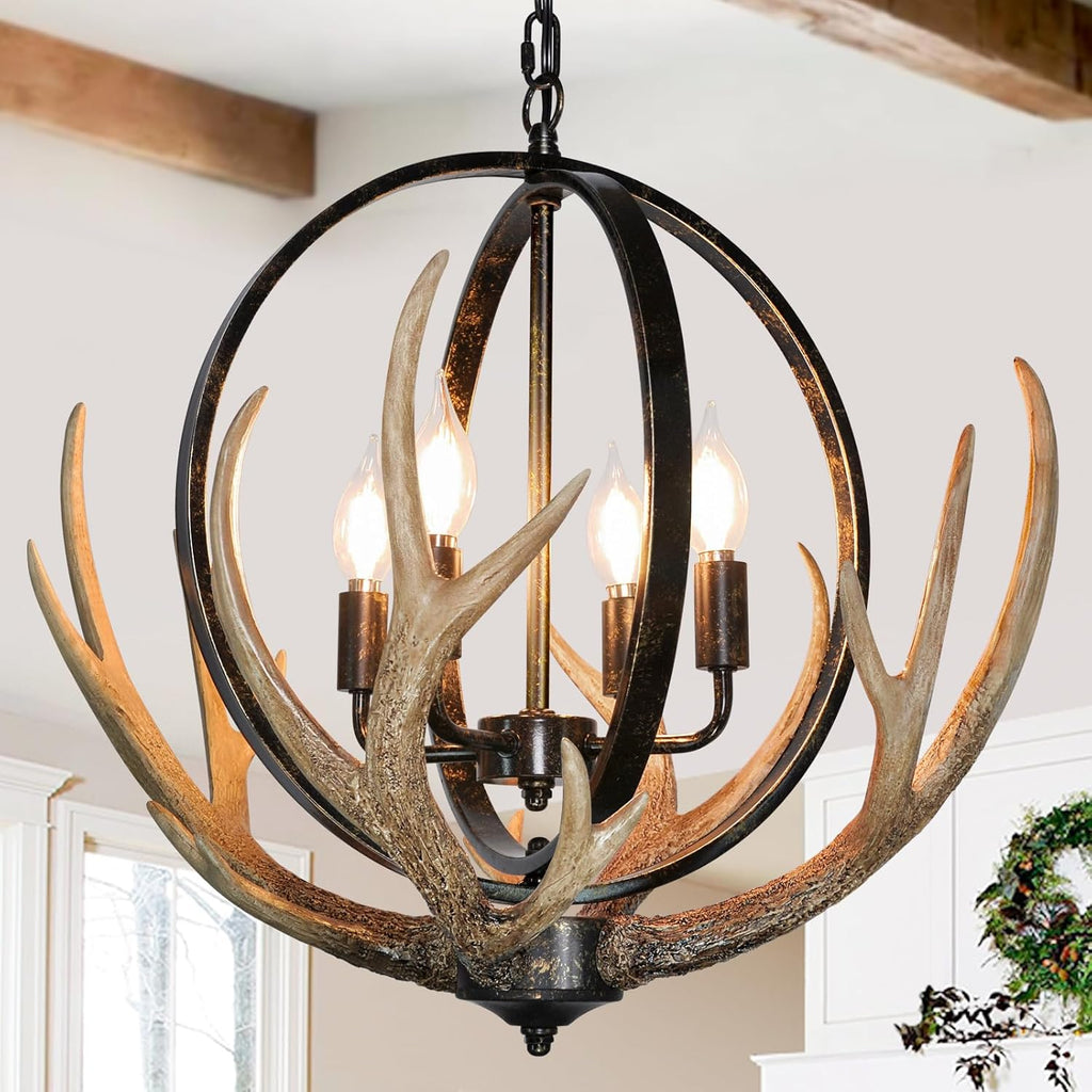 Rustic Antler Chandelier, 14" Farmhouse Chandelier with Resin 4 Antlers and Retro Metal Globe Chandelier Vintage Style for Dining Room, Kitchen, Hallway, Pendant Lights - Grand Goldman