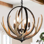 Rustic Antler Chandelier, 14" Farmhouse Chandelier with Resin 4 Antlers and Retro Metal Globe Chandelier Vintage Style for Dining Room, Kitchen, Hallway, Pendant Lights - Grand Goldman