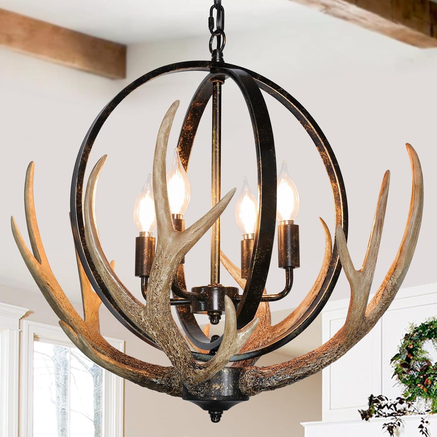 Rustic Antler Chandelier, 14" Farmhouse Chandelier with Resin 4 Antlers and Retro Metal Globe Chandelier Vintage Style for Dining Room, Kitchen, Hallway, Pendant Lights - Grand Goldman