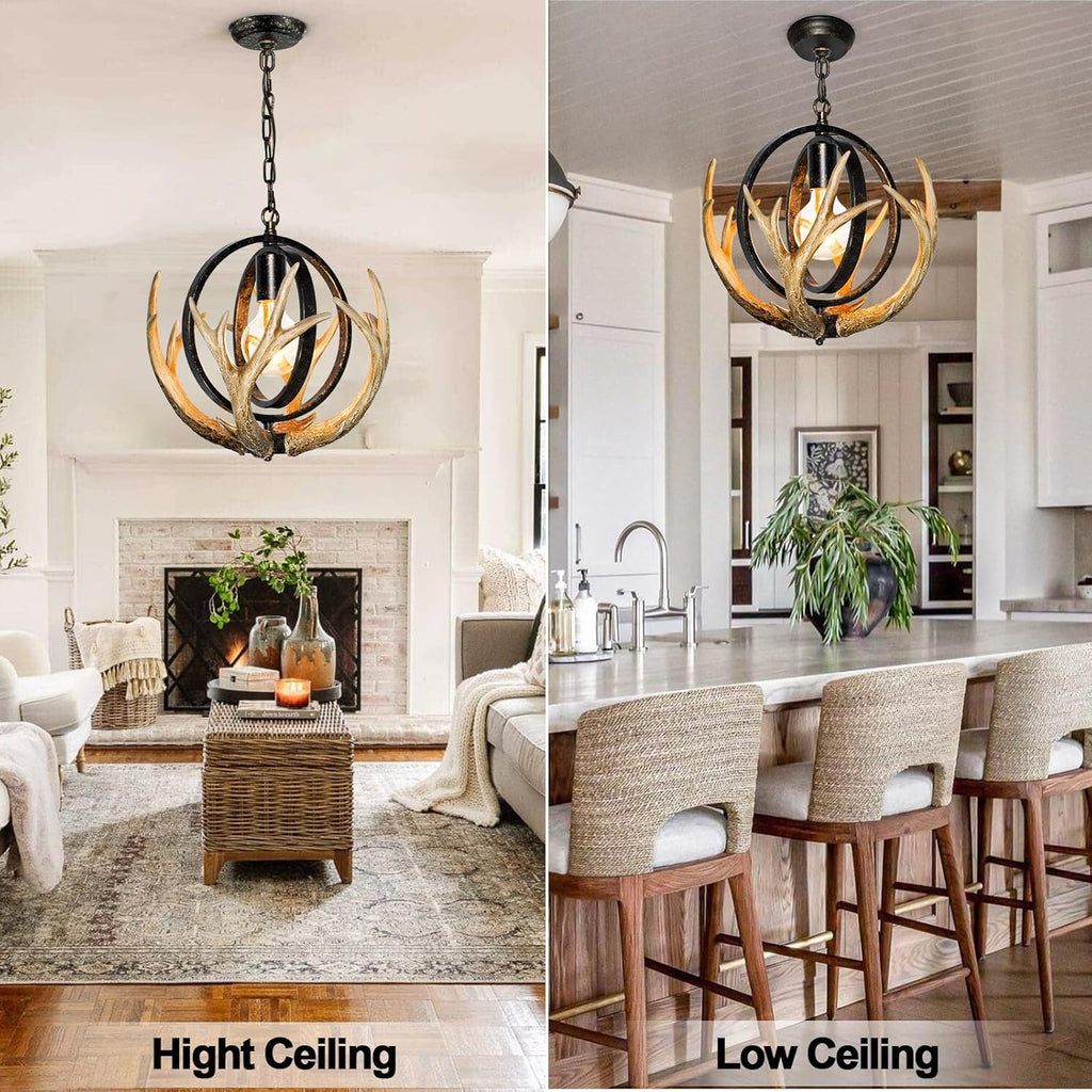 Rustic Antler Chandelier, 14" Farmhouse Chandelier with Resin 4 Antlers and Retro Metal Globe Chandelier Vintage Style for Dining Room, Kitchen, Hallway, Pendant Lights - Grand Goldman
