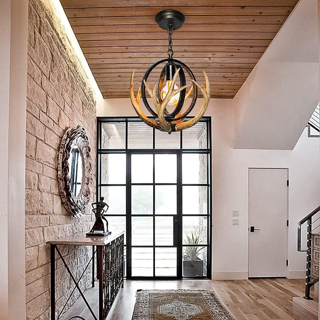 Rustic Antler Chandelier, 14" Farmhouse Chandelier with Resin 4 Antlers and Retro Metal Globe Chandelier Vintage Style for Dining Room, Kitchen, Hallway, Pendant Lights - Grand Goldman