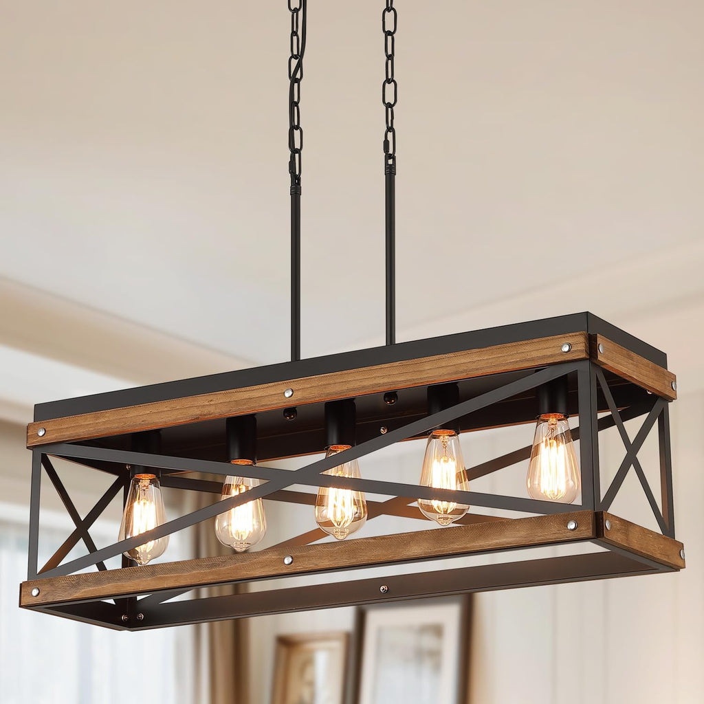 Rustic Farmhouse Wood Kitchen Island Lighting, 5 Lights Rectangular Pendant Light Fixture, Adjustable Chain Oak Wood and Metal Linear Chandelier for Dining Room Kitchen Island Farmhouse, Black - Grand Goldman