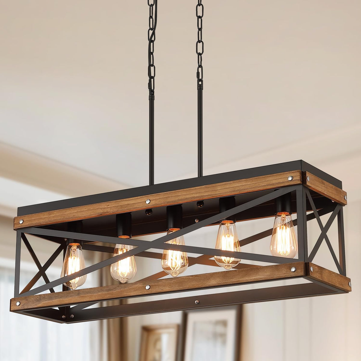 Rustic Farmhouse Wood Kitchen Island Lighting, 5 Lights Rectangular Pendant Light Fixture, Adjustable Chain Oak Wood and Metal Linear Chandelier for Dining Room Kitchen Island Farmhouse, Black - Grand Goldman