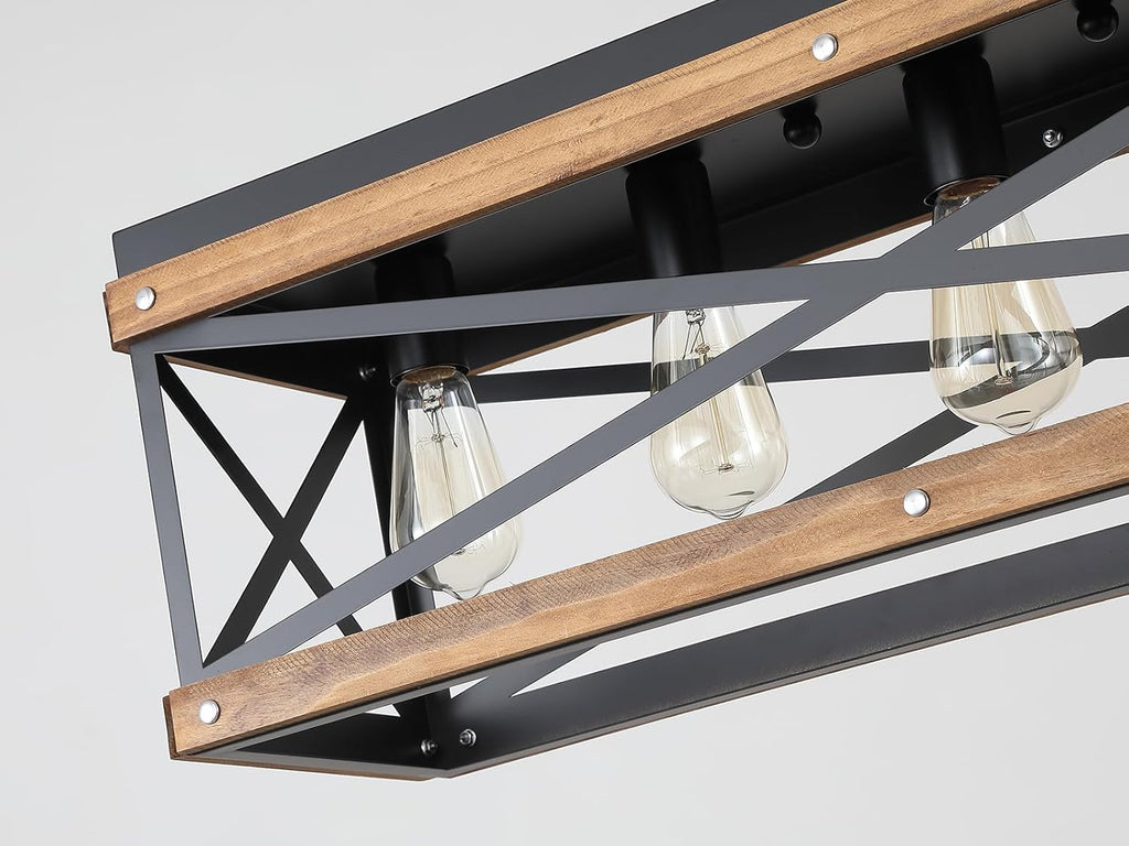 Rustic Farmhouse Wood Kitchen Island Lighting, 5 Lights Rectangular Pendant Light Fixture, Adjustable Chain Oak Wood and Metal Linear Chandelier for Dining Room Kitchen Island Farmhouse, Black - Grand Goldman