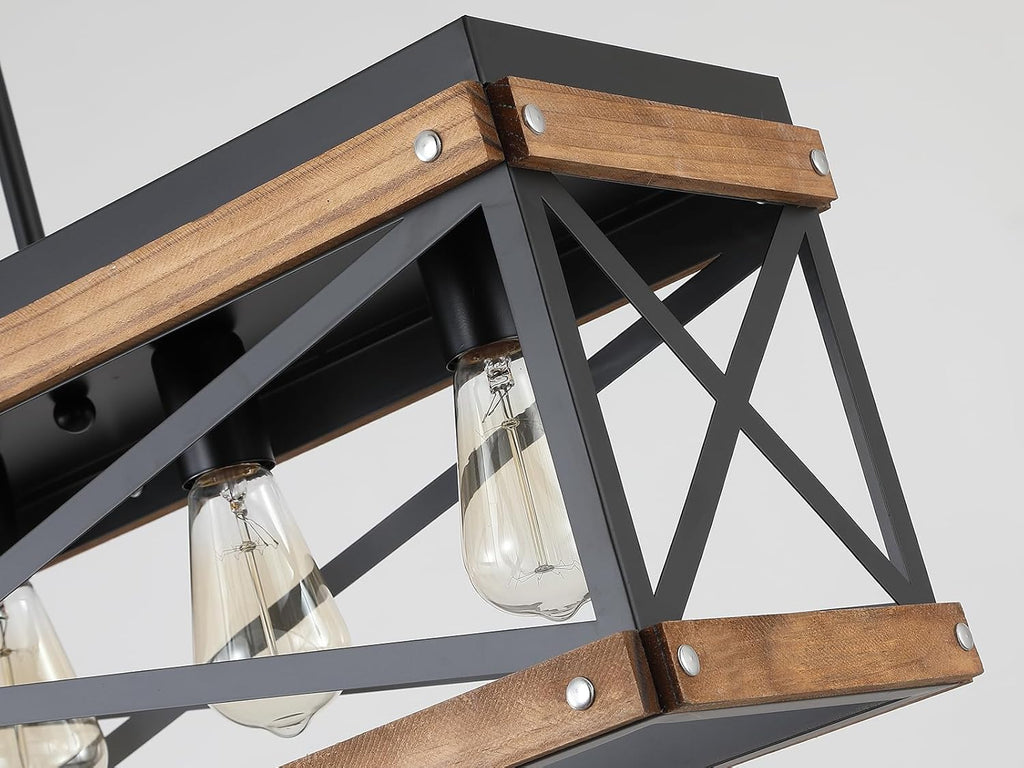 Rustic Farmhouse Wood Kitchen Island Lighting, 5 Lights Rectangular Pendant Light Fixture, Adjustable Chain Oak Wood and Metal Linear Chandelier for Dining Room Kitchen Island Farmhouse, Black - Grand Goldman