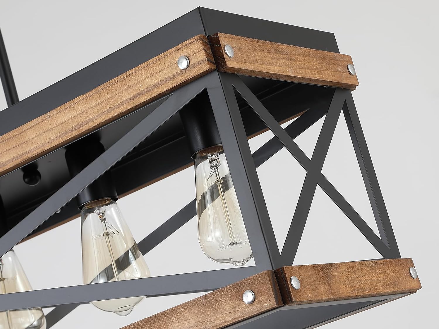 Rustic Farmhouse Wood Kitchen Island Lighting, 5 Lights Rectangular Pendant Light Fixture, Adjustable Chain Oak Wood and Metal Linear Chandelier for Dining Room Kitchen Island Farmhouse, Black - Grand Goldman