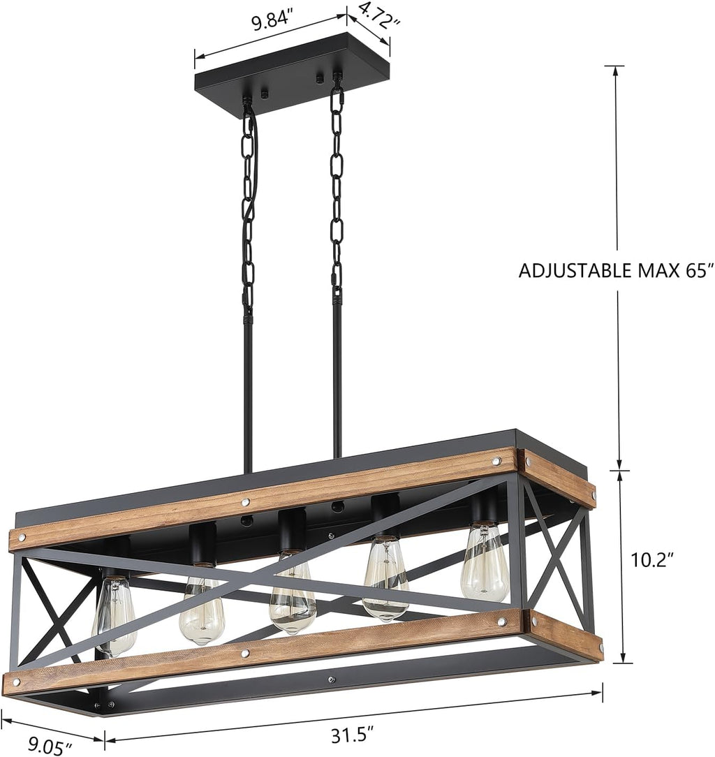 Rustic Farmhouse Wood Kitchen Island Lighting, 5 Lights Rectangular Pendant Light Fixture, Adjustable Chain Oak Wood and Metal Linear Chandelier for Dining Room Kitchen Island Farmhouse, Black - Grand Goldman