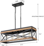 Rustic Farmhouse Wood Kitchen Island Lighting, 5 Lights Rectangular Pendant Light Fixture, Adjustable Chain Oak Wood and Metal Linear Chandelier for Dining Room Kitchen Island Farmhouse, Black - Grand Goldman