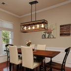 Rustic Farmhouse Wood Kitchen Island Lighting, 5 Lights Rectangular Pendant Light Fixture, Adjustable Chain Oak Wood and Metal Linear Chandelier for Dining Room Kitchen Island Farmhouse, Black - Grand Goldman