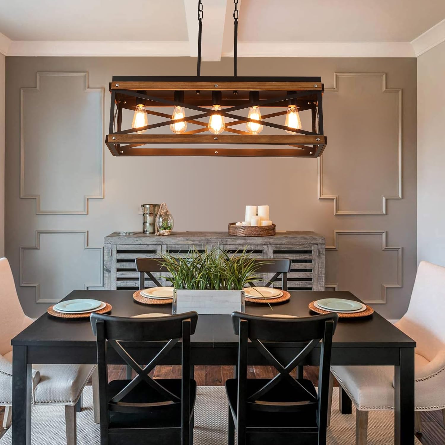 Rustic Farmhouse Wood Kitchen Island Lighting, 5 Lights Rectangular Pendant Light Fixture, Adjustable Chain Oak Wood and Metal Linear Chandelier for Dining Room Kitchen Island Farmhouse, Black - Grand Goldman