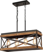 Rustic Farmhouse Wood Kitchen Island Lighting, 5 Lights Rectangular Pendant Light Fixture, Adjustable Chain Oak Wood and Metal Linear Chandelier for Dining Room Kitchen Island Farmhouse, Black - Grand Goldman