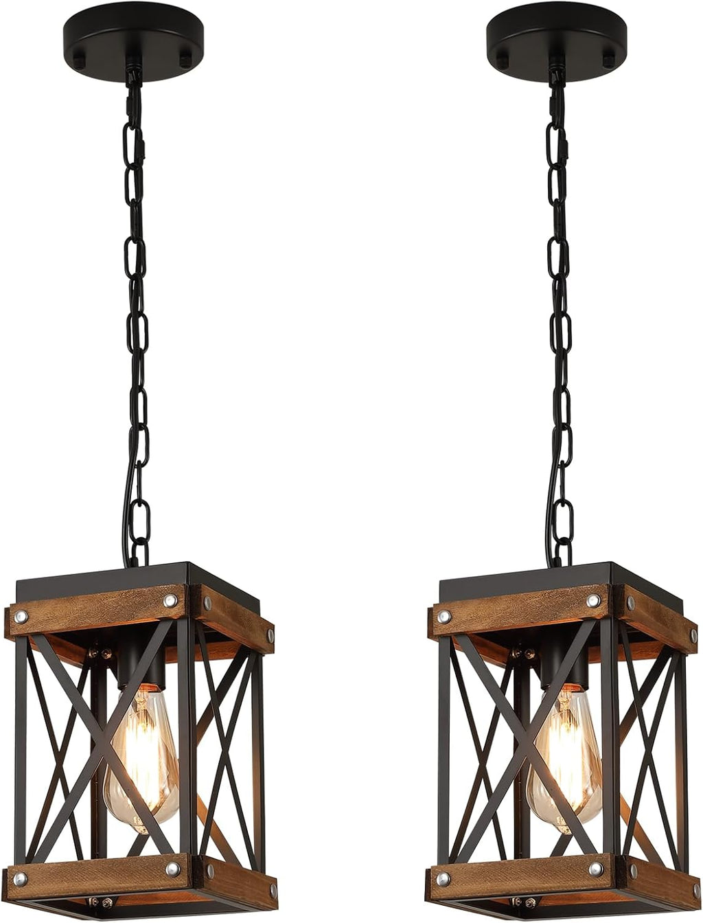Rustic Farmhouse Wood Kitchen Island Lighting, 5 Lights Rectangular Pendant Light Fixture, Adjustable Chain Oak Wood and Metal Linear Chandelier for Dining Room Kitchen Island Farmhouse, Black - Grand Goldman