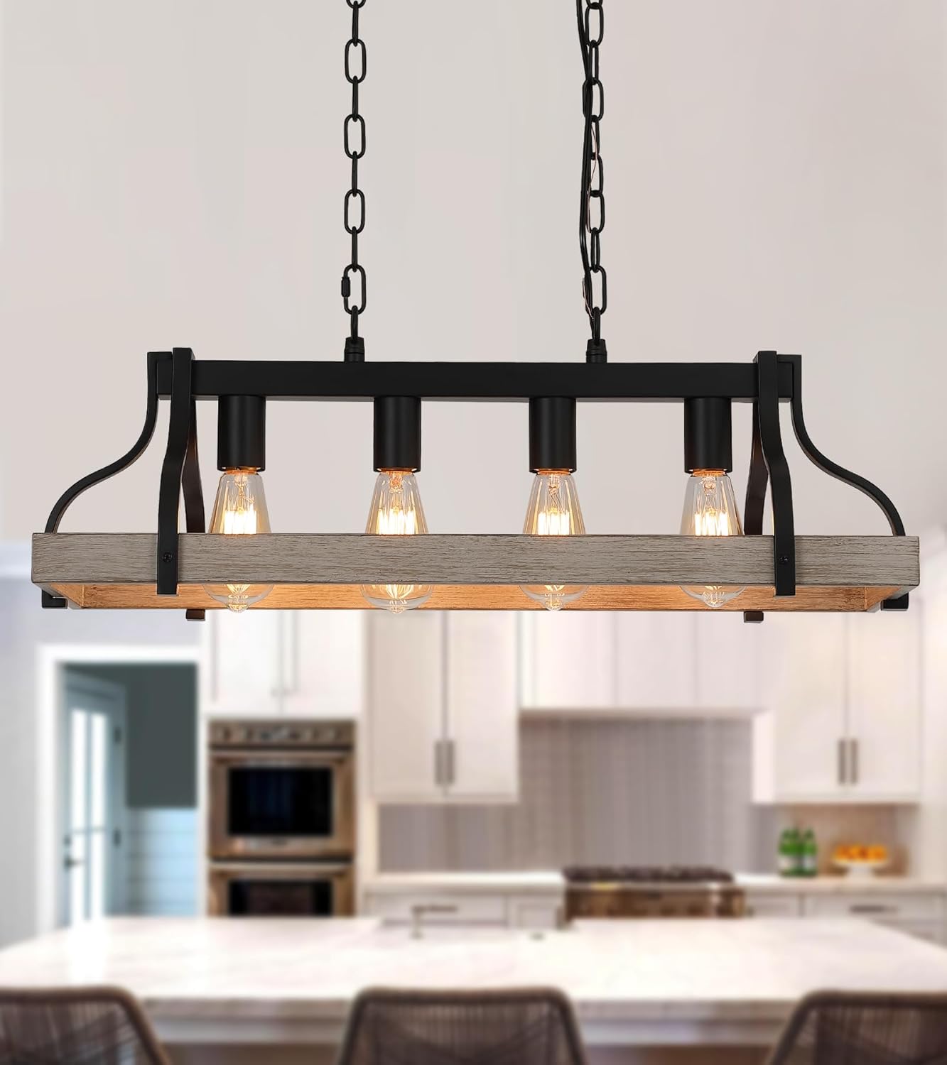 Rustic Kitchen Island Dining Room Light Fixture Farmhouse Linear Chandelier Black and Retro Wood Finish 5-Light Industrial Metal Hanging Pendant Light UL Listed L33.5 W10.6 - Grand Goldman