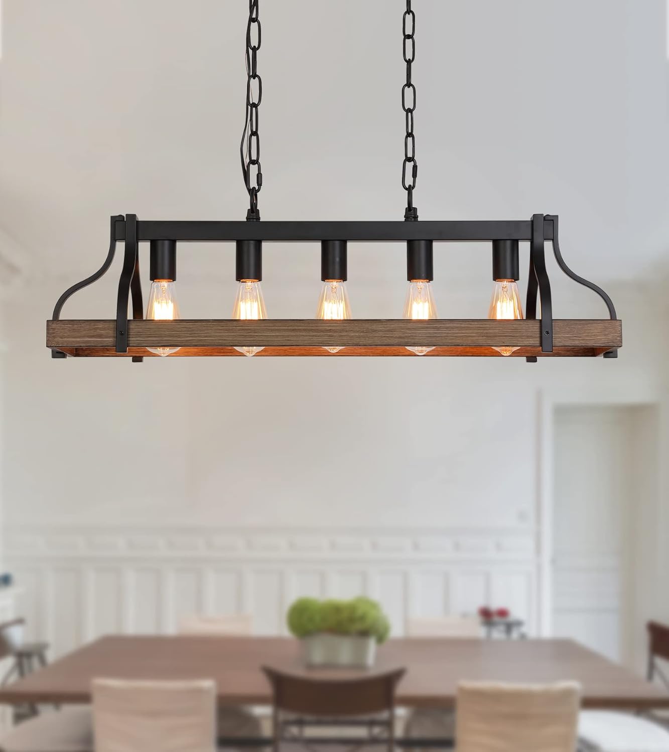 Rustic Kitchen Island Dining Room Light Fixture Farmhouse Linear Chandelier Black and Retro Wood Finish 5-Light Industrial Metal Hanging Pendant Light UL Listed L33.5 W10.6 - Grand Goldman