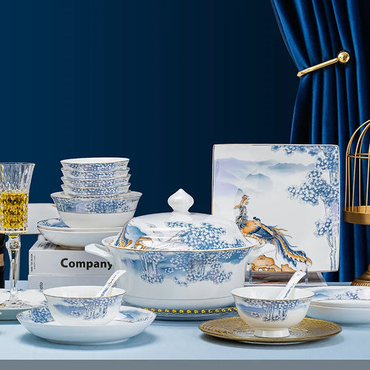 Ensemble complet de bols, plats et assiettes en céramique de Jingdezhen, ensemble de vaisselle en porcelaine bleue et blanche