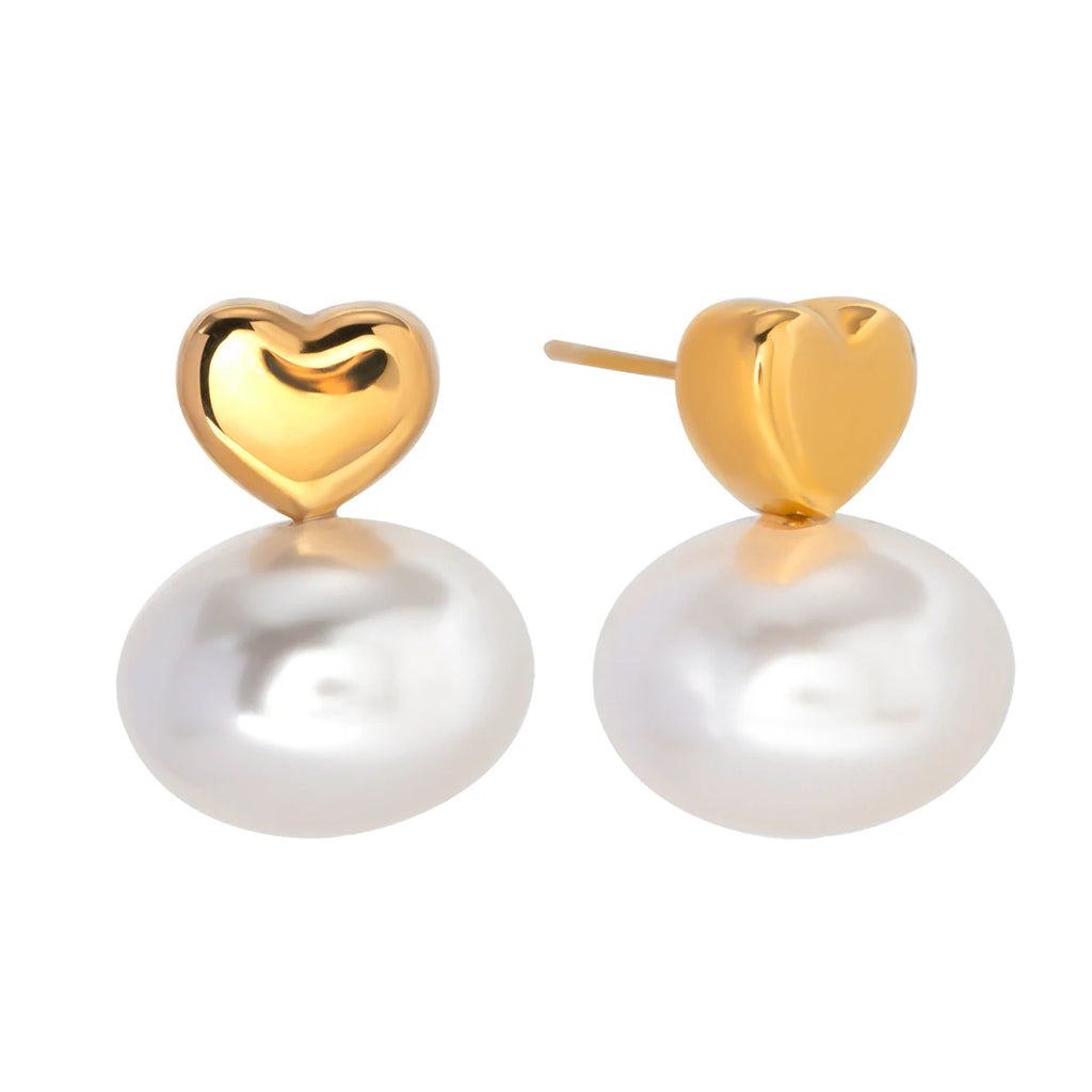 Stainless Steel 18k Gold Plated Vintage Irregular Love Heart Hanging Oval Pearl Earring Waterproof Fashion Charm Jewelry Party