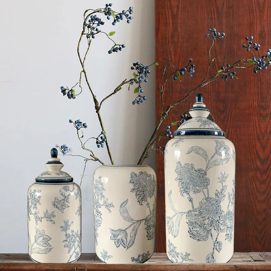 Retro Blue Flower Ceramic Jar Storage Bottle Antique Blue and White Porcelain Flower Vase Desktop Decoration Crafts Jar Bottle