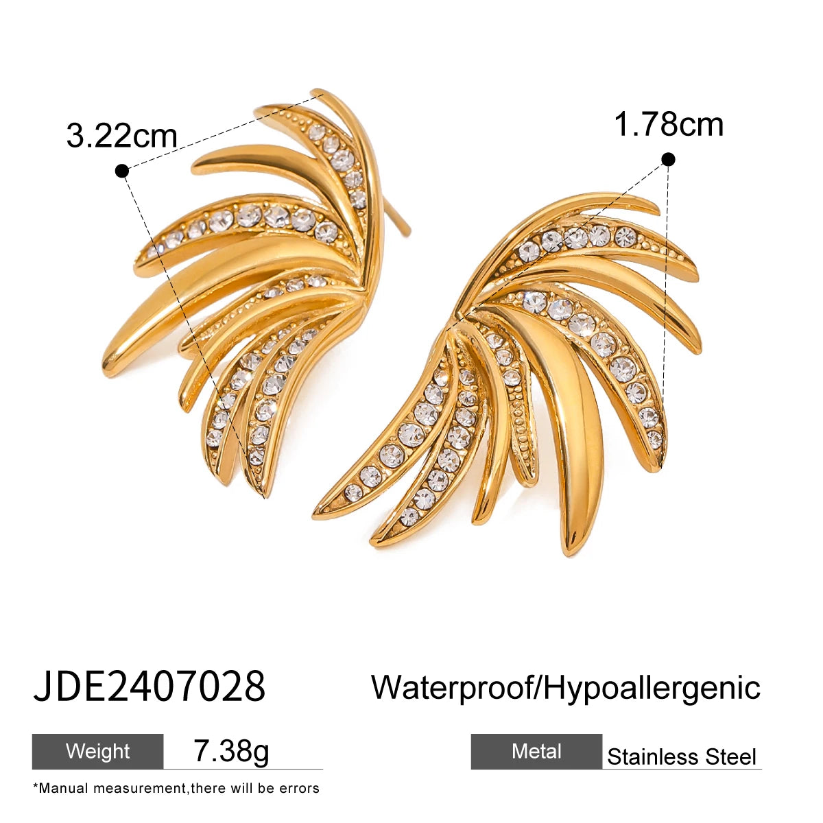 18K PVD goldbeschichtete Blattflügel-Ohrringe mit Einlage aus weißem Zirkonia, Edelstahl, Damen, auffälliger, unverwechselbarer, rostfreier Schmuck