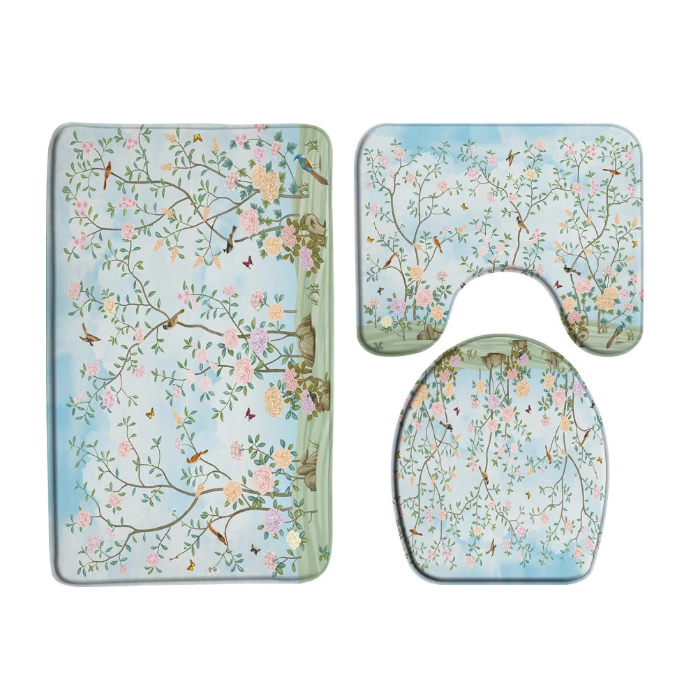 Chinese style Flowers and Birds Waterproof Shower Curtain Set Toilet Seat Cover Bath Non-Slip Mat Rug Carpet Bathroom Decor