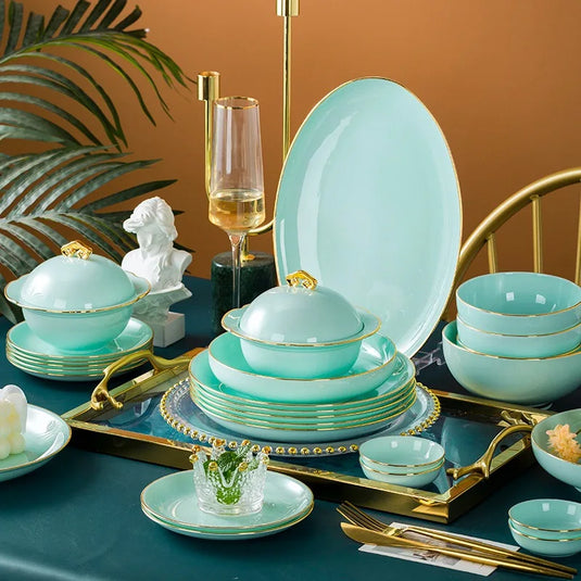 Jingdezhen Light Luxury Bone Porcelain Hand-painted Gold Border Bowl Plate Combination, Celadon Tableware Set for Household Use