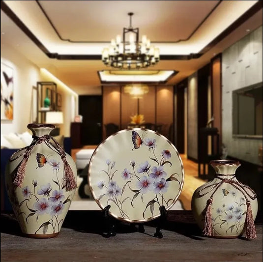 WISTERIA Vintage Ceramic Vase Set with Hand-Painted Dried Flowers Victorian 3Pcs Tabletop Amphora for Ancient Style Interior Arrangement Wedding Decorations