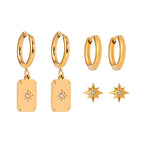 3 Pairs Per Card Stainless Steel White Rhinestone Octagonal Star Plain Circle Ear Buckle Earring Women 18K PVD Plated Jewelry