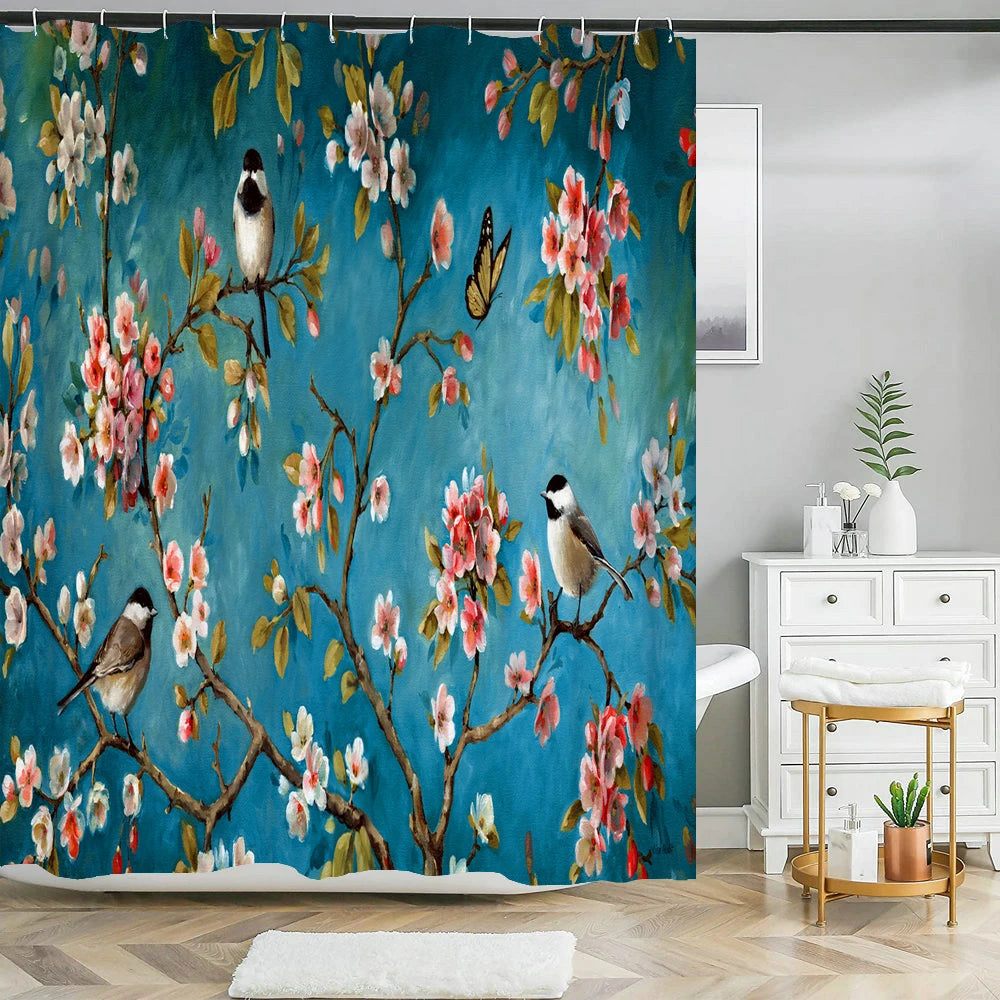 Chinese style Flowers and Birds Waterproof Shower Curtain Set Toilet Seat Cover Bath Non-Slip Mat Rug Carpet Bathroom Decor