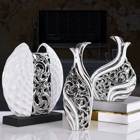 Elegant Gold Plated Porcelain Vase Set Vintage Ceramic Flower Pot Home Decor Wedding Centerpieces Study & Hallway Accent Pieces Abstract White Vessels with Silver and Gold Arabesque Patterns Tabletop Display Large European Style Ceramic Travel Gift