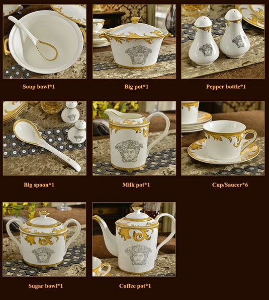 Coffrets de table de luxe en porcelaine 58 pièces Service de table Service à café Plats Bol Cuillère et assiettes