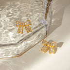 18K PVD Minimalist Light Cozy Stainless Steel Bowknot Rhinestone Open Ring Earring Set Trendy Women Waterproof Bijoux Jewelry